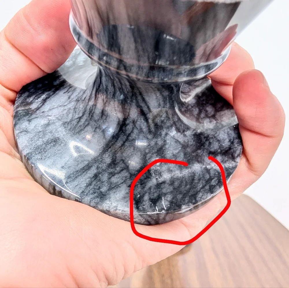 Pair Of Black & Gray Quartz Vained Marble Floral Etched Footed Vases Solid Stone